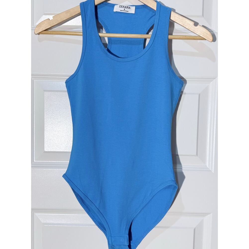 Zenana Peacock Blue Racerback Tank Bodysuit, Women's Size S